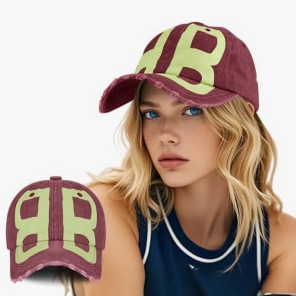 Burgundy Distressed BB Paris Graphic Baseball Cap Lime Green Adjustable Hat NWOT